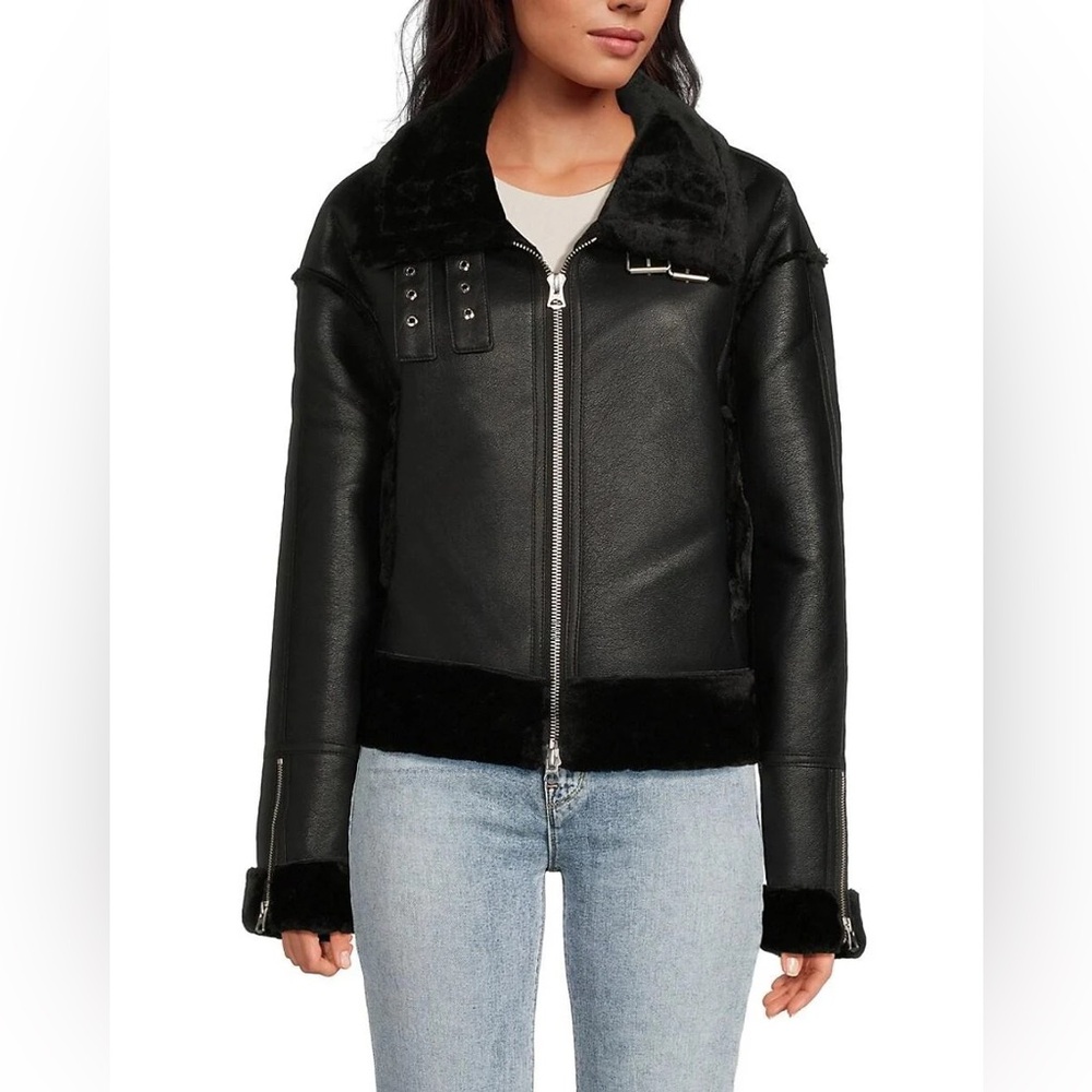 Hudson Jeans Black vegan Leather Jacket with faux Fur Trim